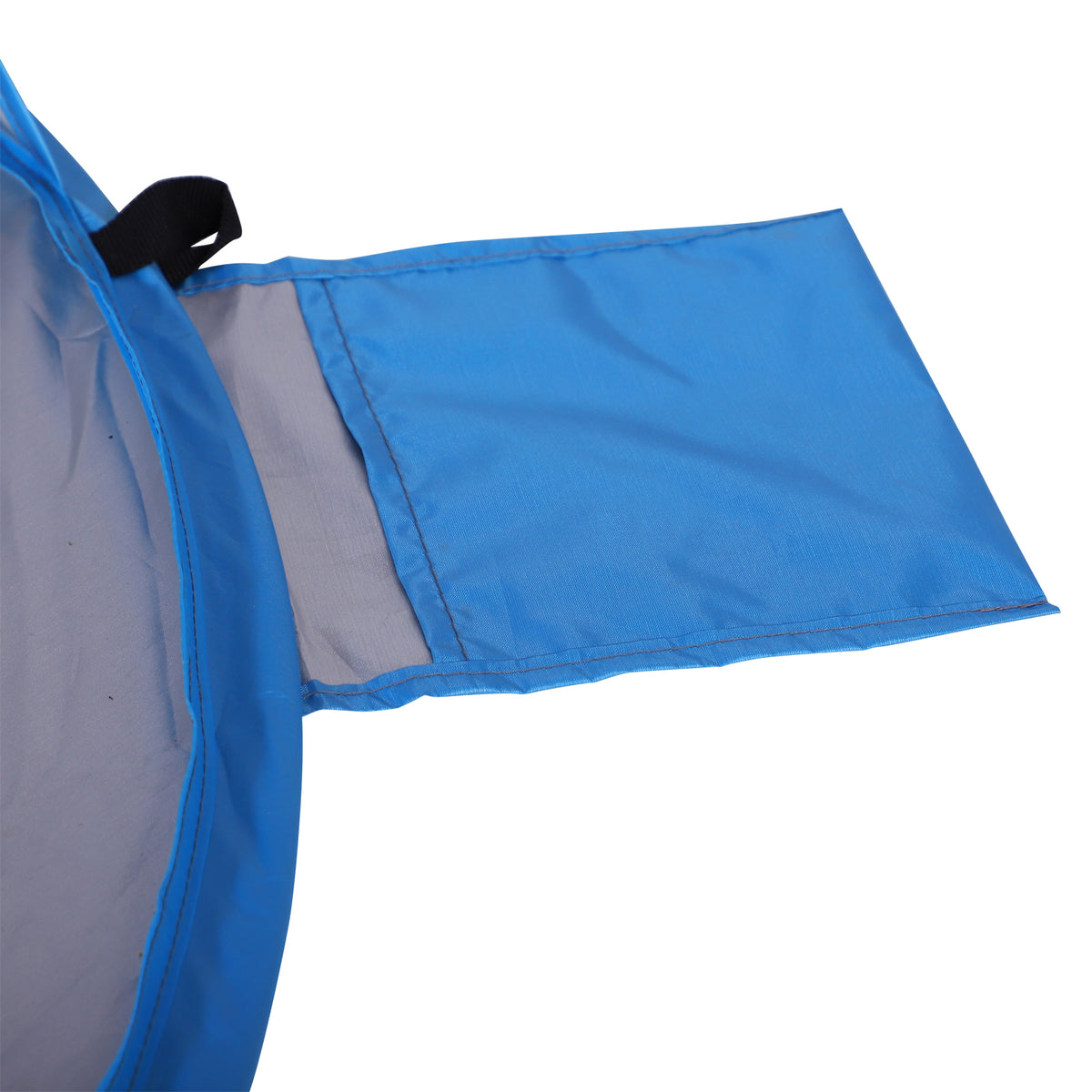 Blue beach tent with a rectangular sandbag pocket attached near the base