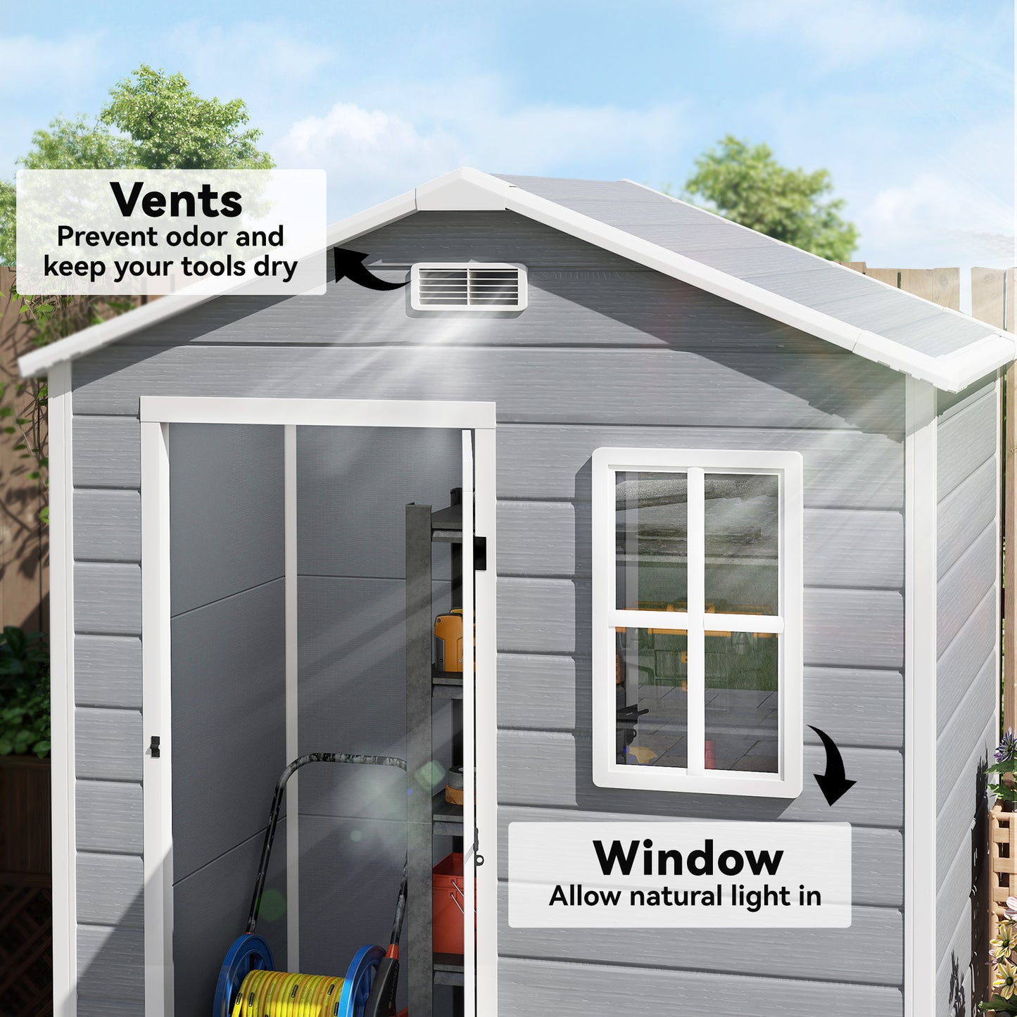 Outsunny 6 x 4ft Plastic Shed with Floor, Wood Effect Resin Garden Shed with Window, Lockable Door, Lock and Keys, Vents, All Weather Resistant for Outdoor, Patio, Lawn, Grey