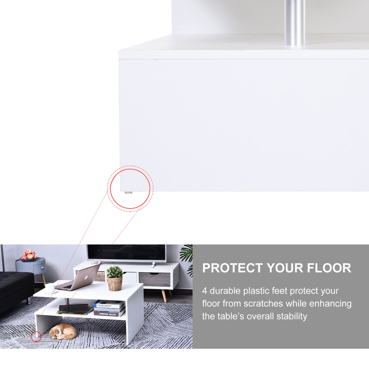 White coffee table foot detail highlighting floor-protecting plastic feet