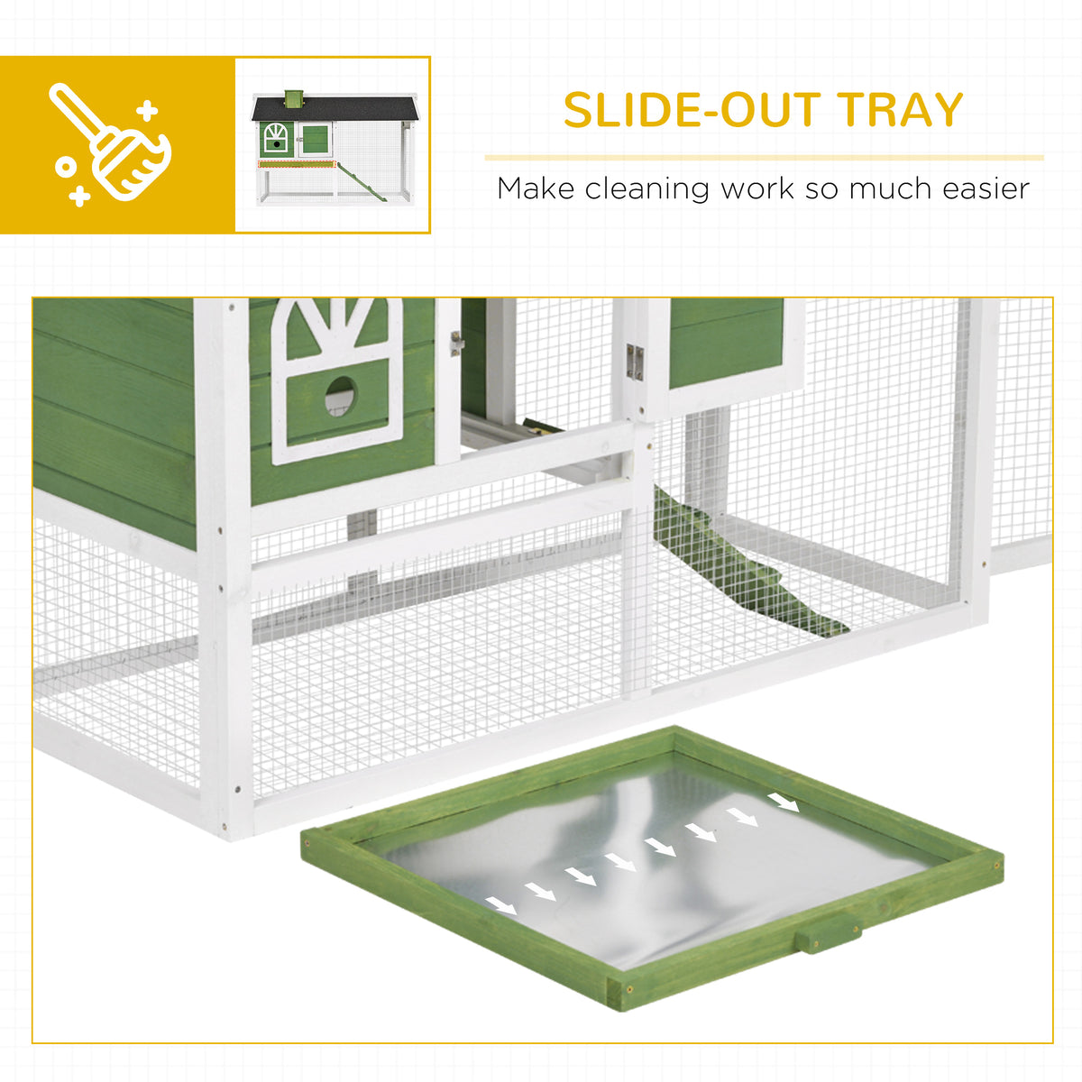 Close-up of the wire run and the green-framed slide-out cleaning tray.