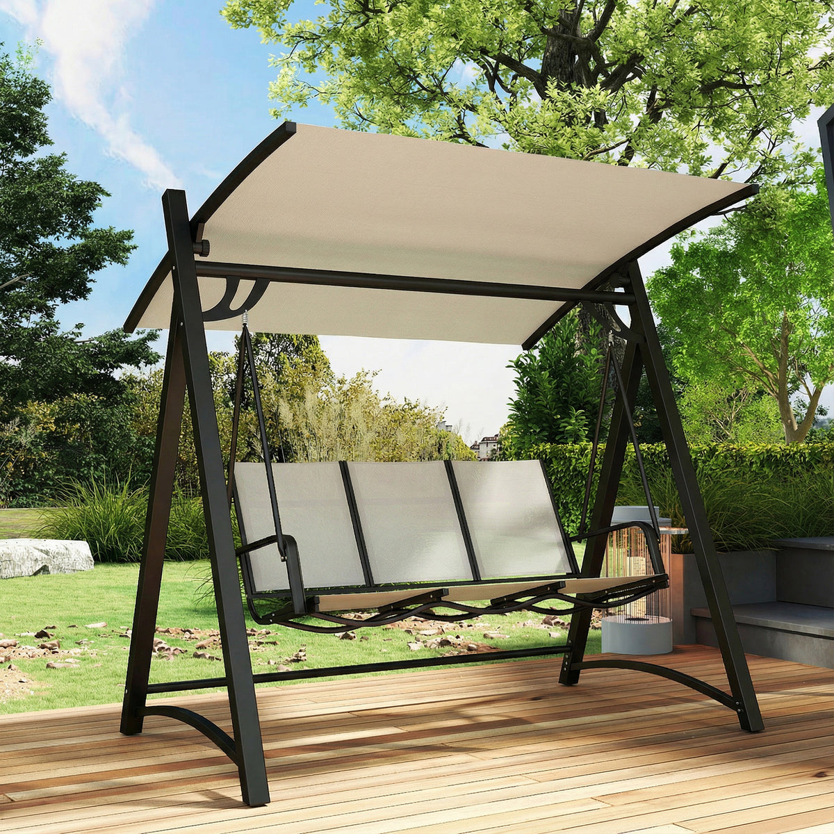 Outsunny 3 Seater Swing Chair, Garden Swing Bench with Adjustable Tilting Canopy, Breathable Mesh Seat 360 kg Capacity, White
