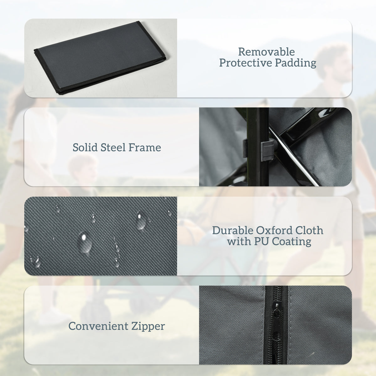 Cargo wagon details showing removable padding, steel frame, coated Oxford cloth, and zipper