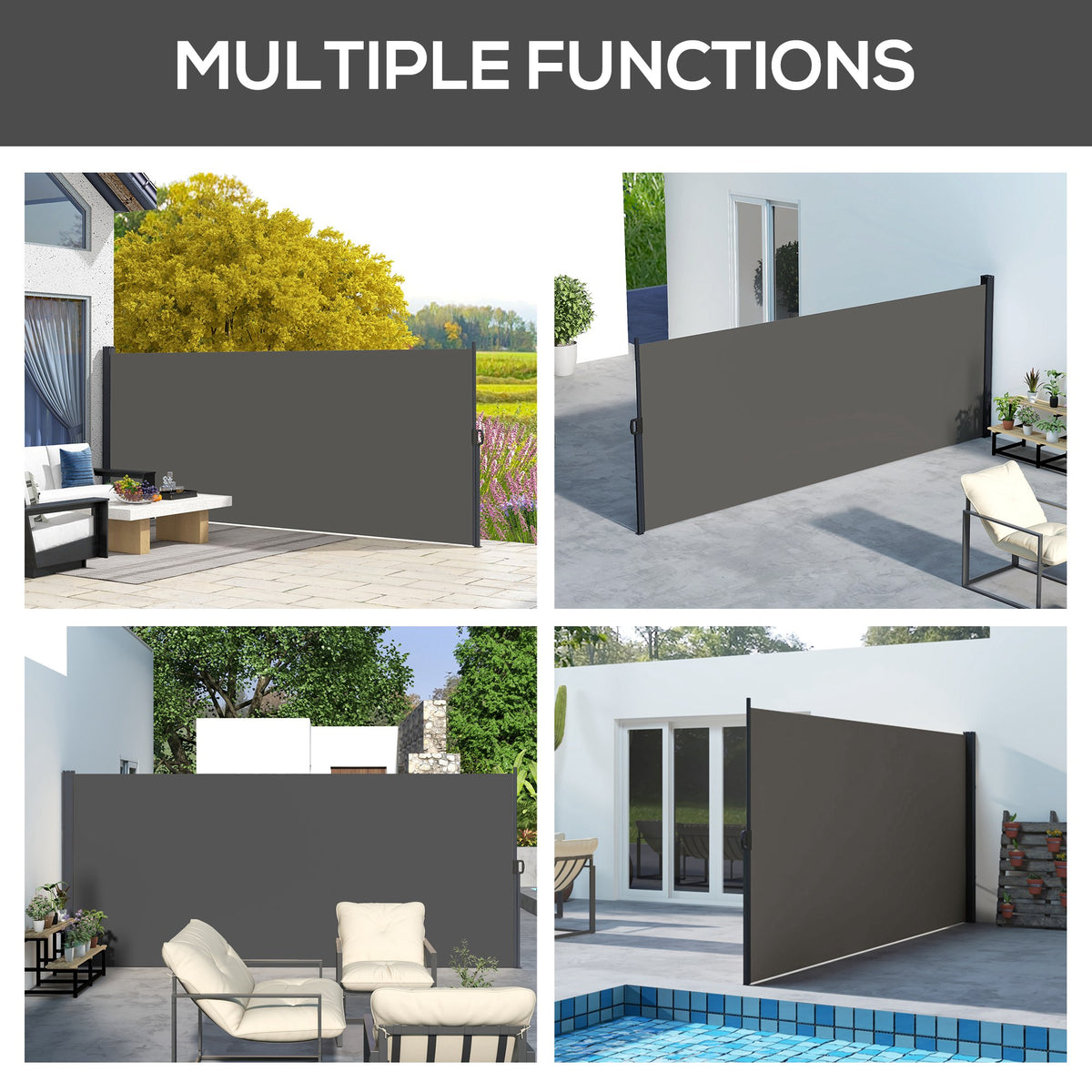 Outsunny dark gray retractable side awning shown screening patios and a pool