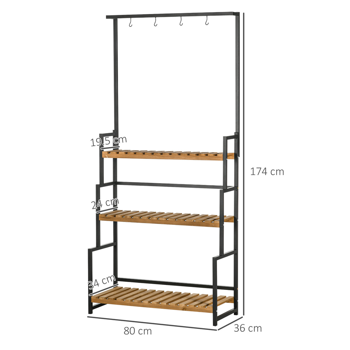 Three-tier plant stand with four hooks; dimensions shown as 80 by 36 by 174 cm