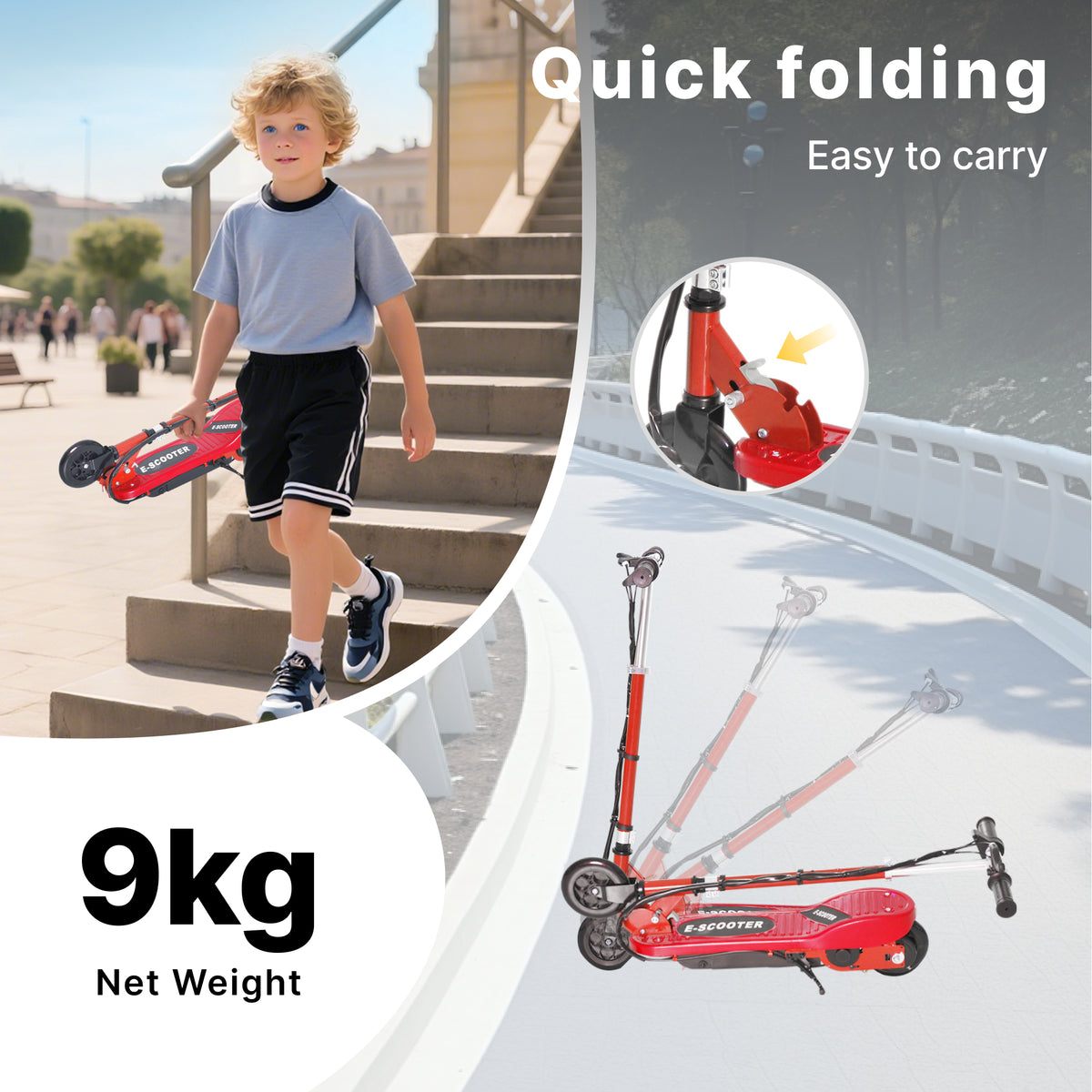 Red HOMCOM folding electric scooter shown folded for carrying and upright for riding