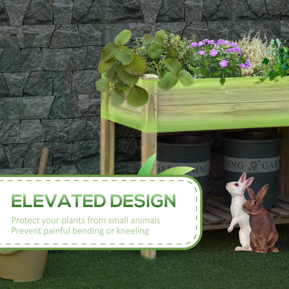 Elevated wooden planter box with flowers and open space beneath