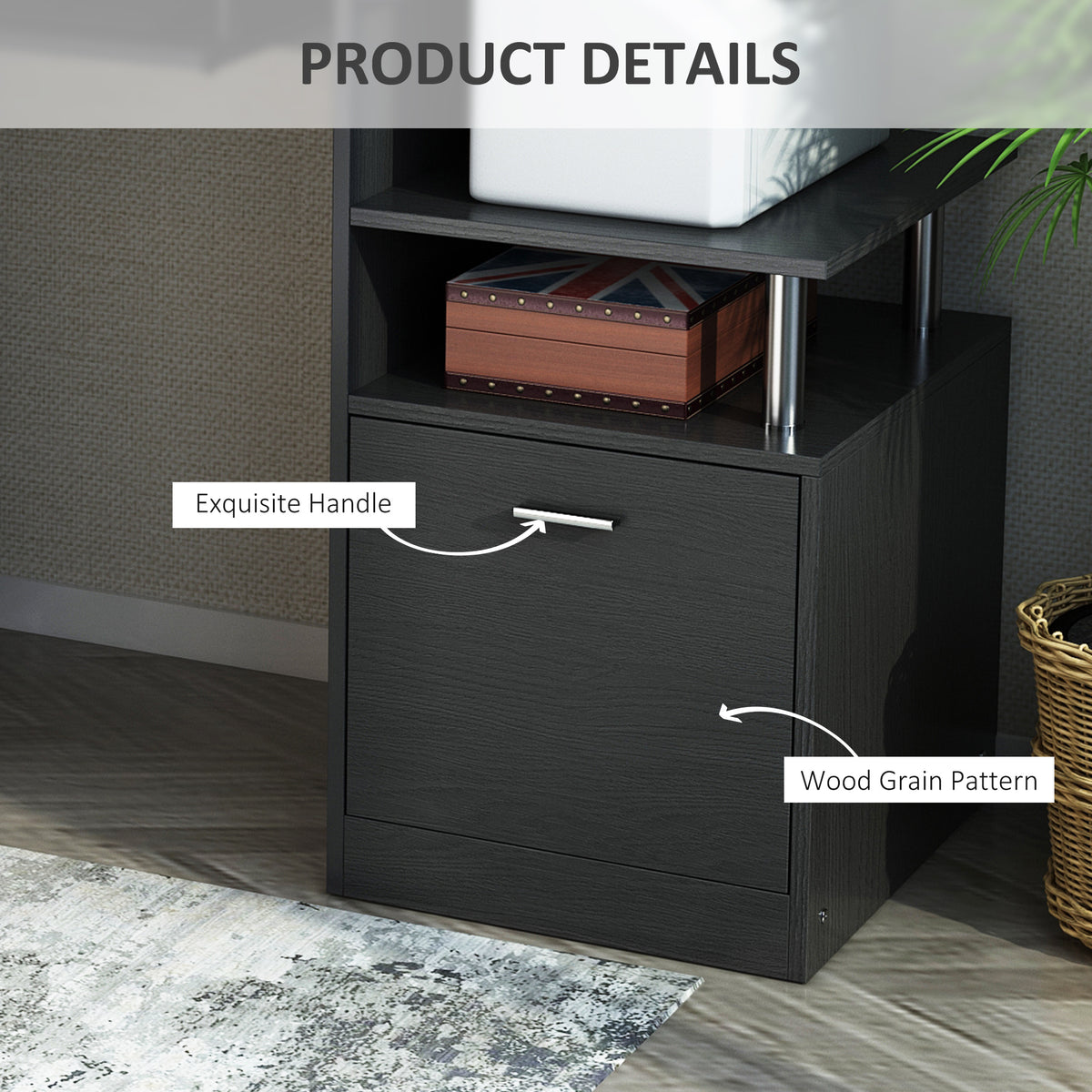 HOMCOM desk cabinet close-up showing a drawer handle and wood grain finish