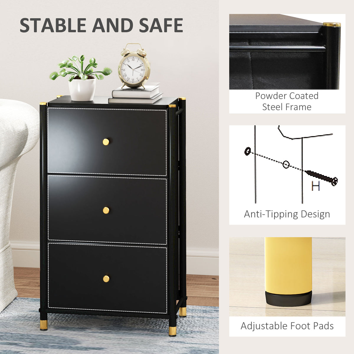 Three-drawer chest with steel frame, anti-tip design and adjustable foot pads