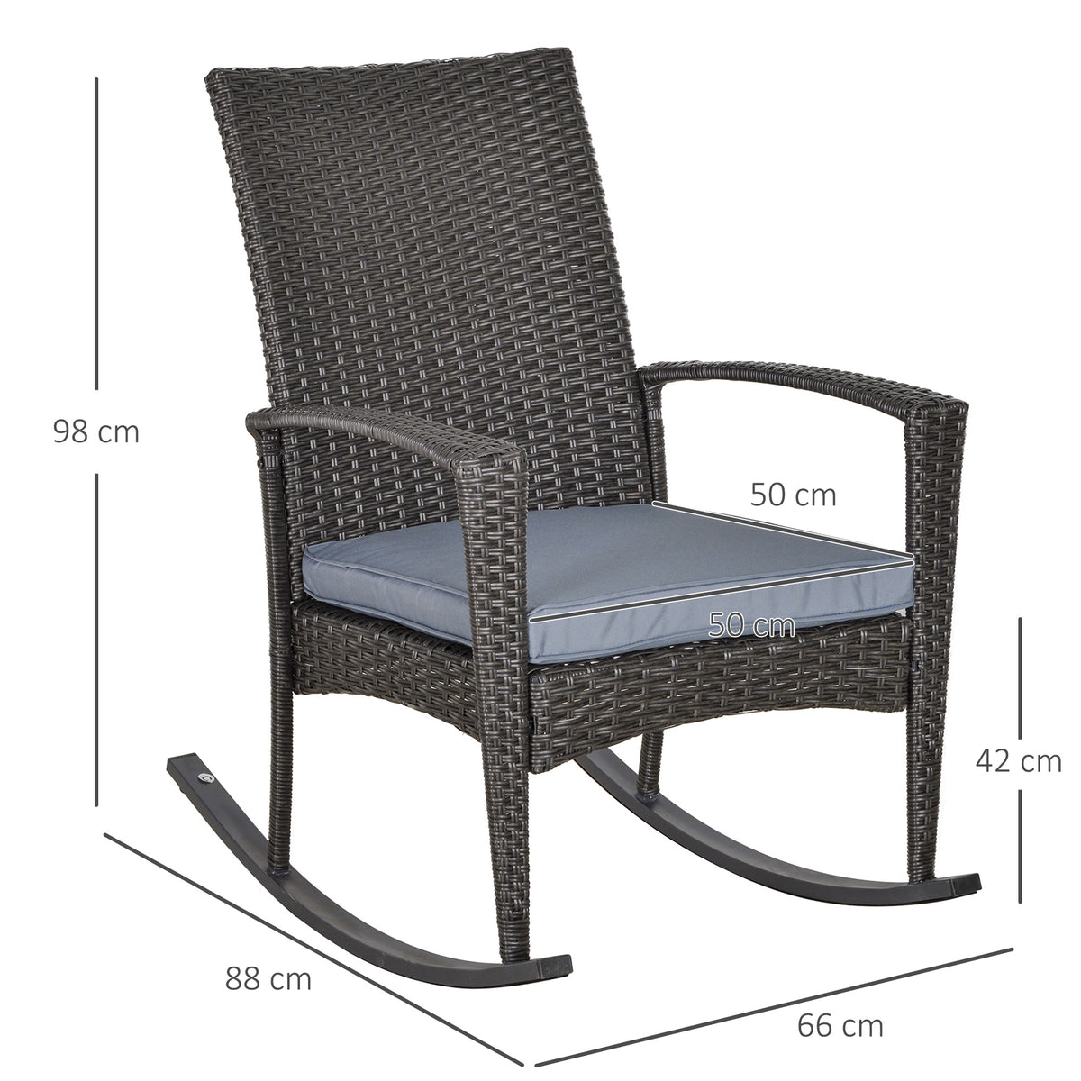 Rattan rocking chair with grey cushion and dimensions of 98 by 66 by 88 cm