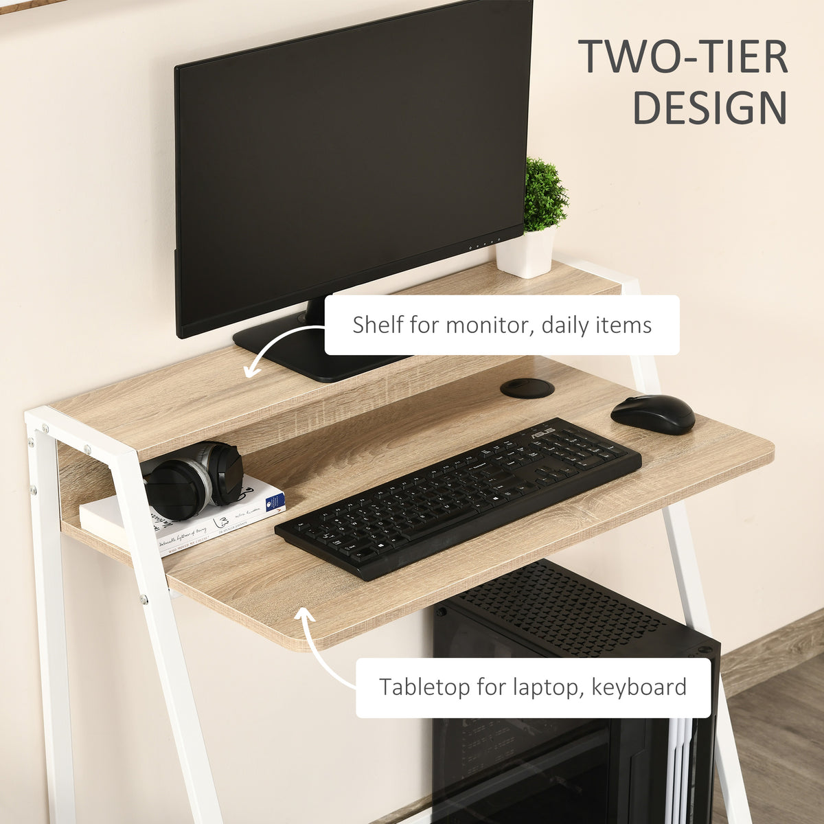 Two-tier oak-look desk arranged with monitor and keyboard