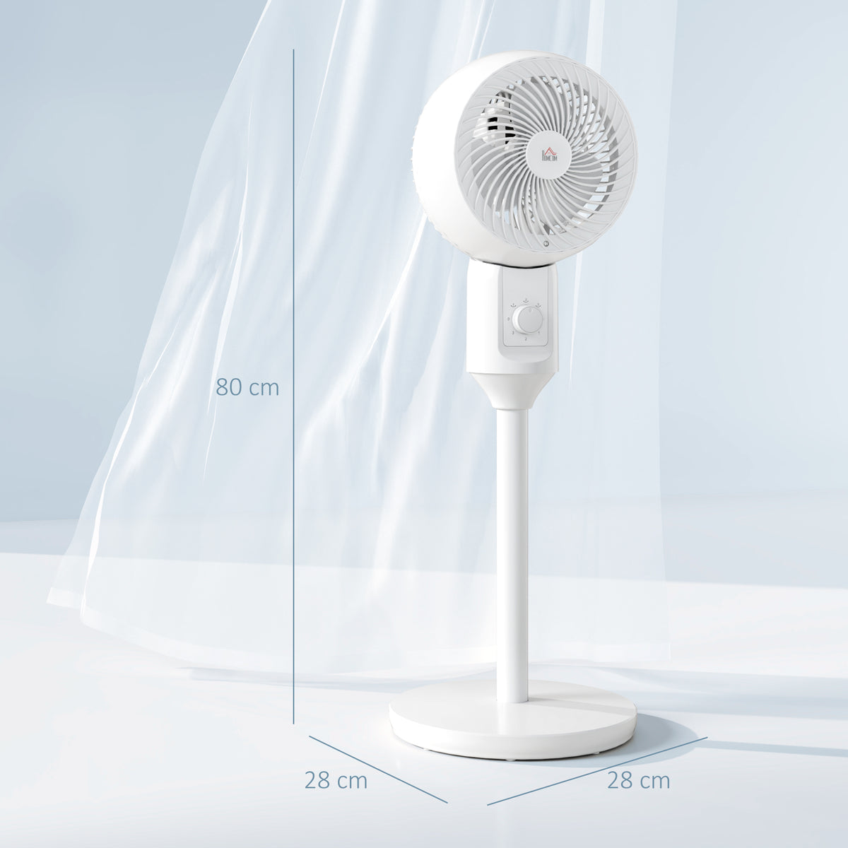 White pedestal fan shown with 80 cm height and 28 cm wide round base