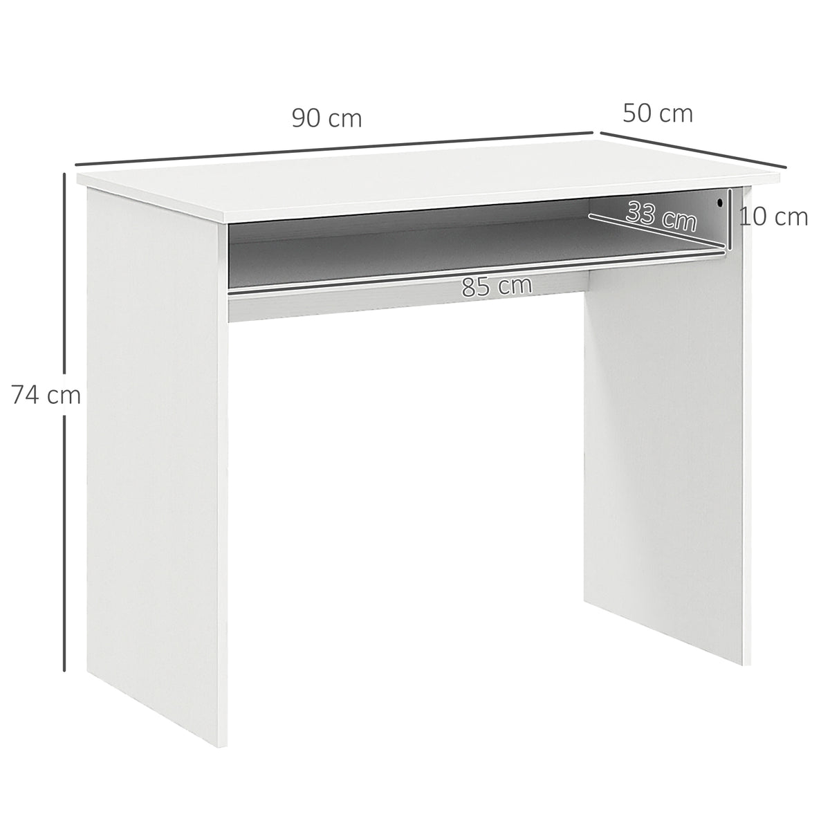 HOMCOM white desk with storage shelf, measuring 90 by 50 by 74 cm
