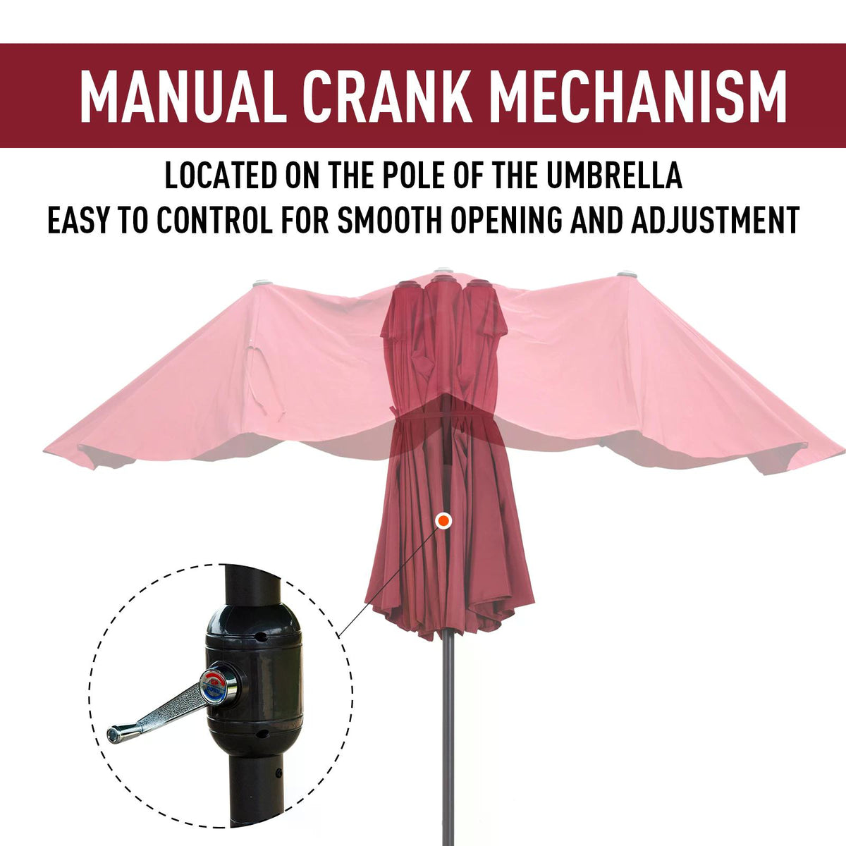 Outsunny patio parasol shown folded around its pole, with a manual crank mechanism close-up