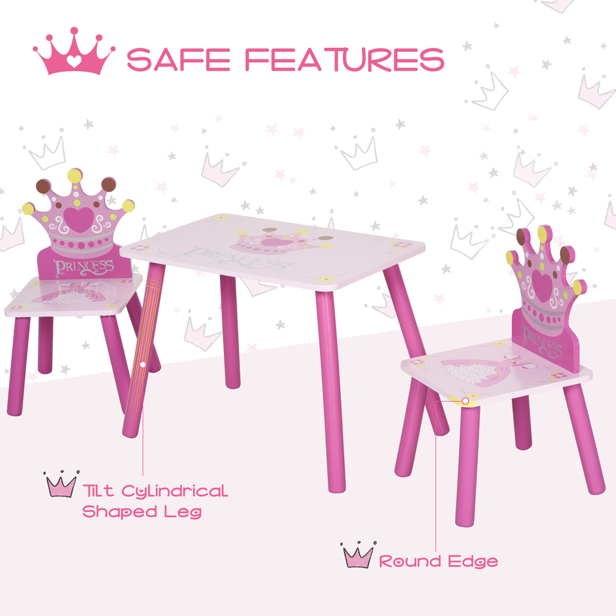 Pink princess table and chairs with tilted cylindrical legs and rounded edges
