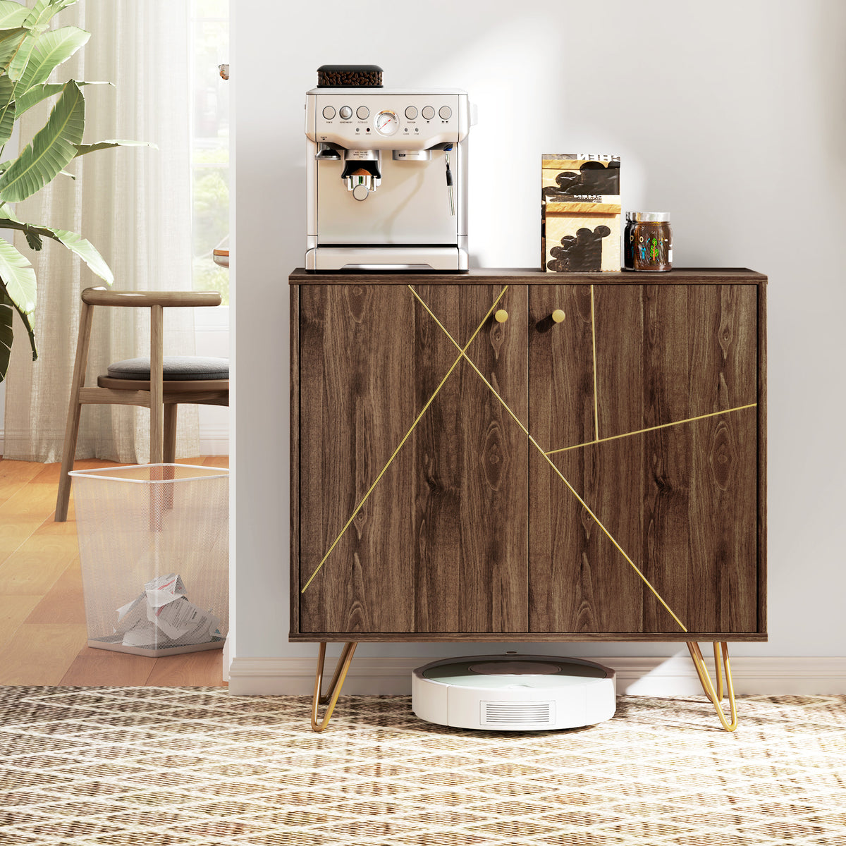 HOMCOM Sideboard Storage Cabinet with Golden Lines, Modern Luxury Living Room Cabinet with Adjustable Shelf, Steel Harpin Legs, Brown