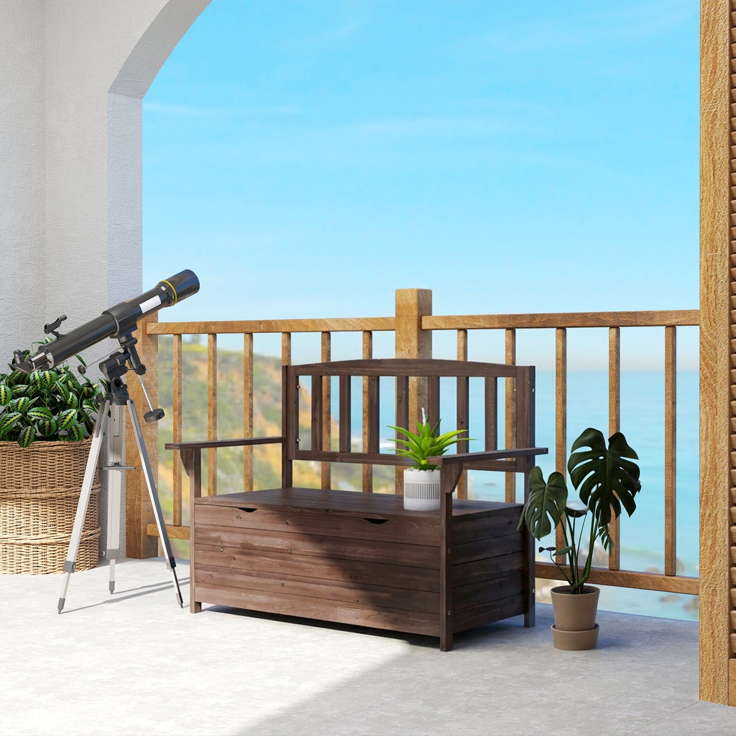 Outsunny Outdoor 2 Seater Garden Bench, Wooden Bench with Storage, Backrest, Arm Rests, 112 x 84 x 58 cm, Brown