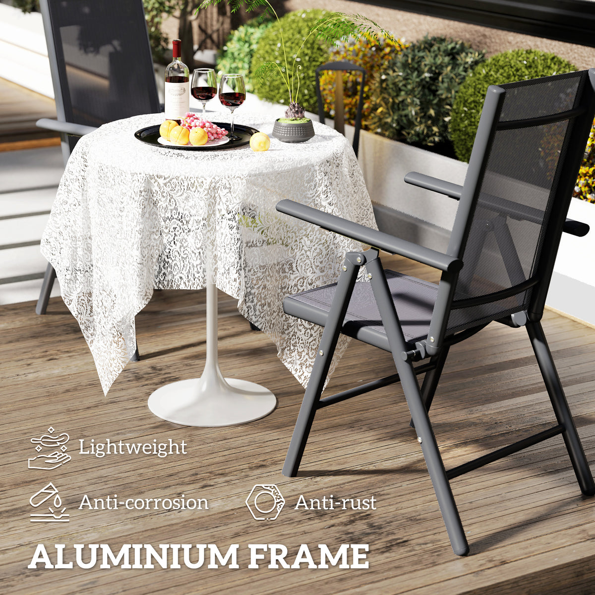 Dark grey mesh folding garden chair with aluminium frame and armrests