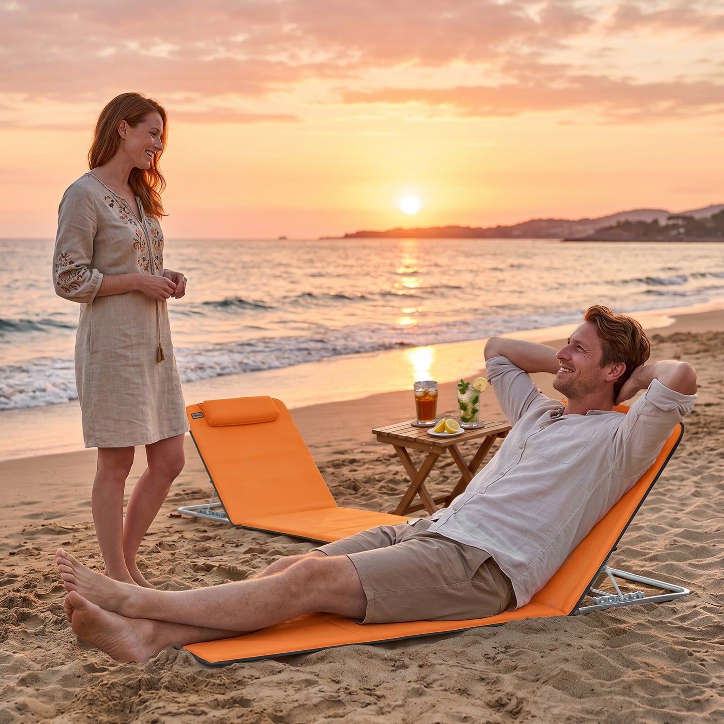 Outsunny Set of Two Metal Frame Beach Chairs, with Reclining Backs - Orange
