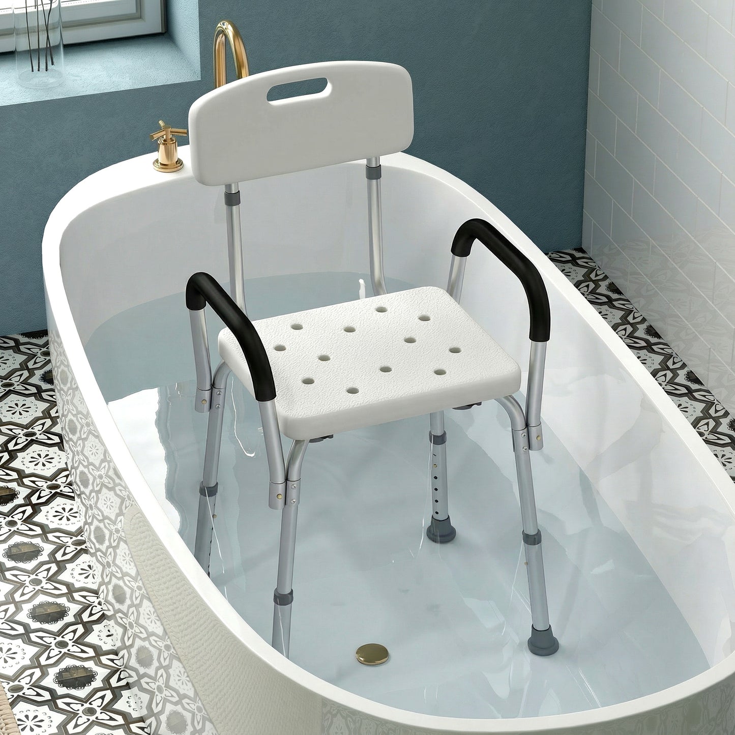HOMCOM Shower Chair with Arms and Back, Height Adjustable Bath Bench, Non-Slip Shower Stool for Inside Tub, Aluminum Bathroom Bench for Elderly, Senior, Disabled, Handicap, White