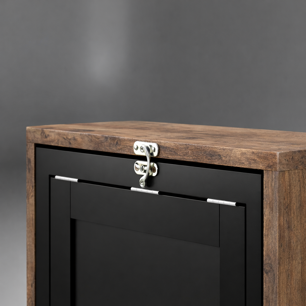 Close-up of the folded desk's black panel and metal locking latch