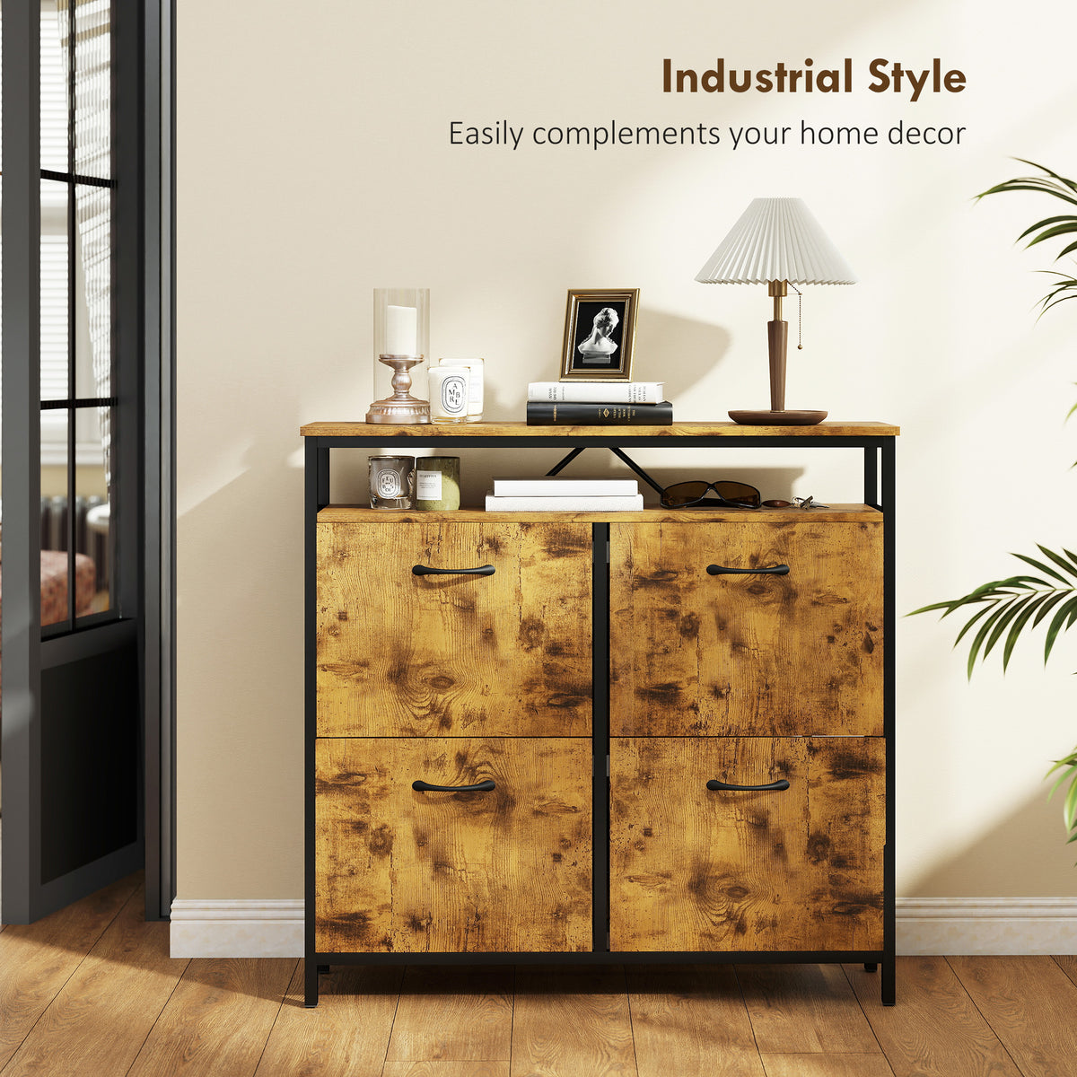 HOMCOM Shoe Storage Cabinet with 4 Flip Drawers and Open Shelf - Rustic Brown