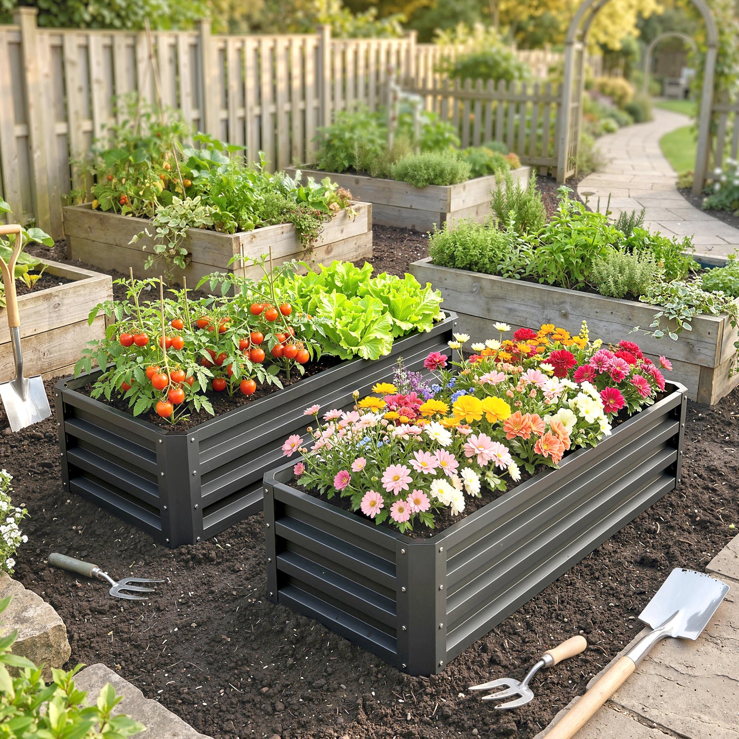 Outsunny Set of Two 110 x 50cm Steel Planter Boxes - Dark Grey