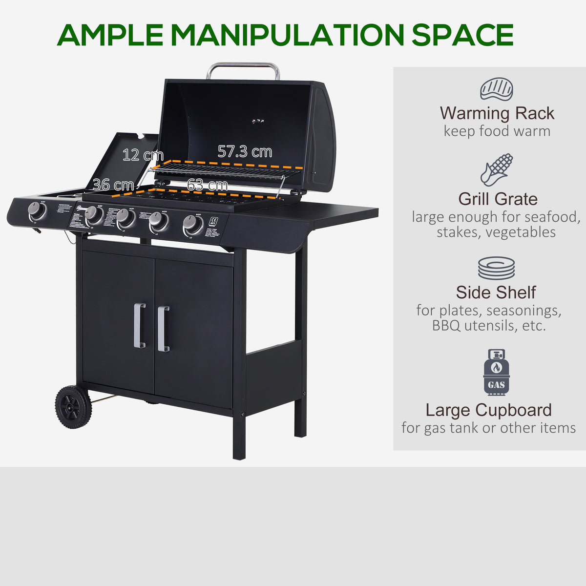 Gas BBQ grill with open lid, warming rack, cooking grate, side shelves and storage cabinet