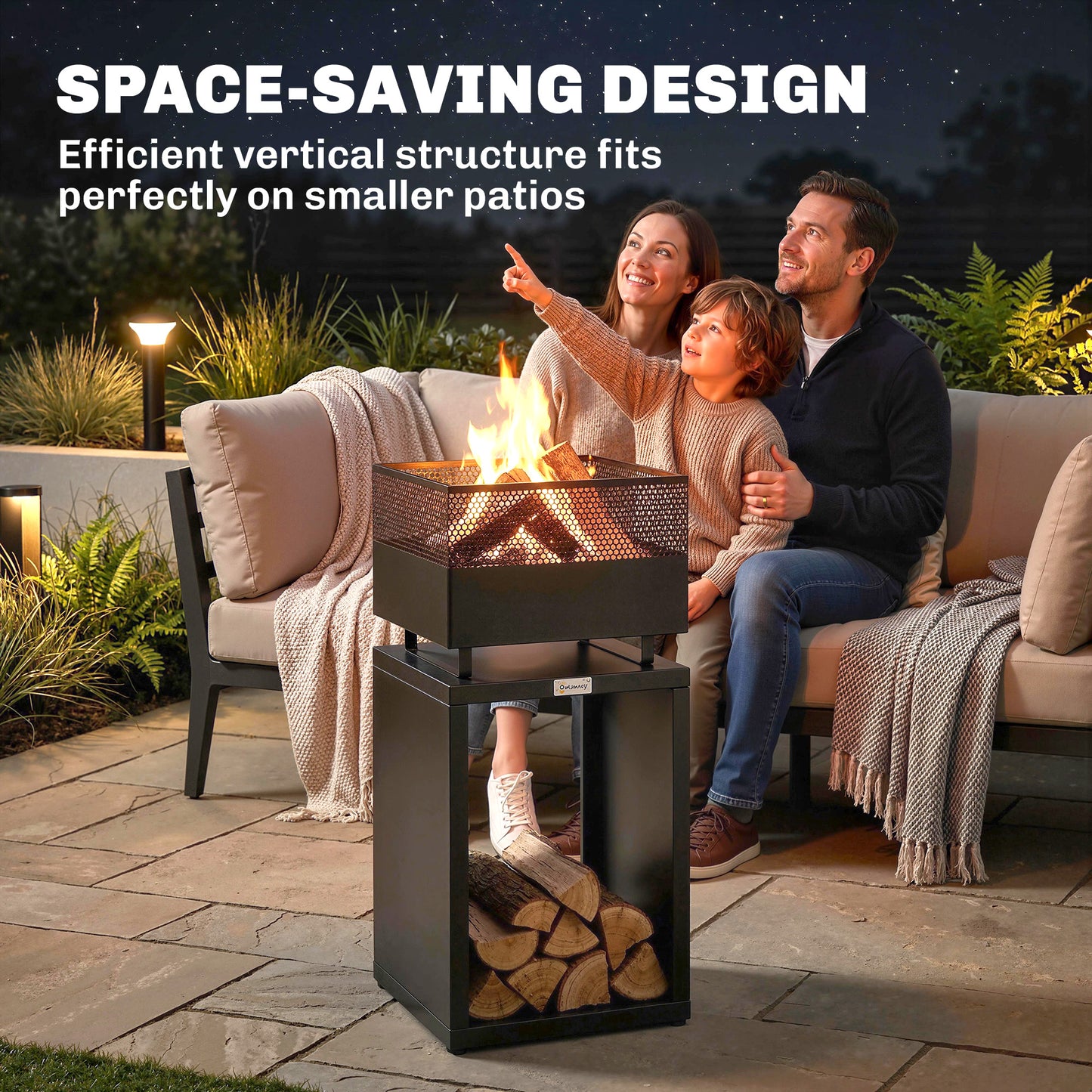 Outsunny Outdoor Fire Pit with Wood Storage Wood Burning Firepit with Mesh Sides 87 cm Black