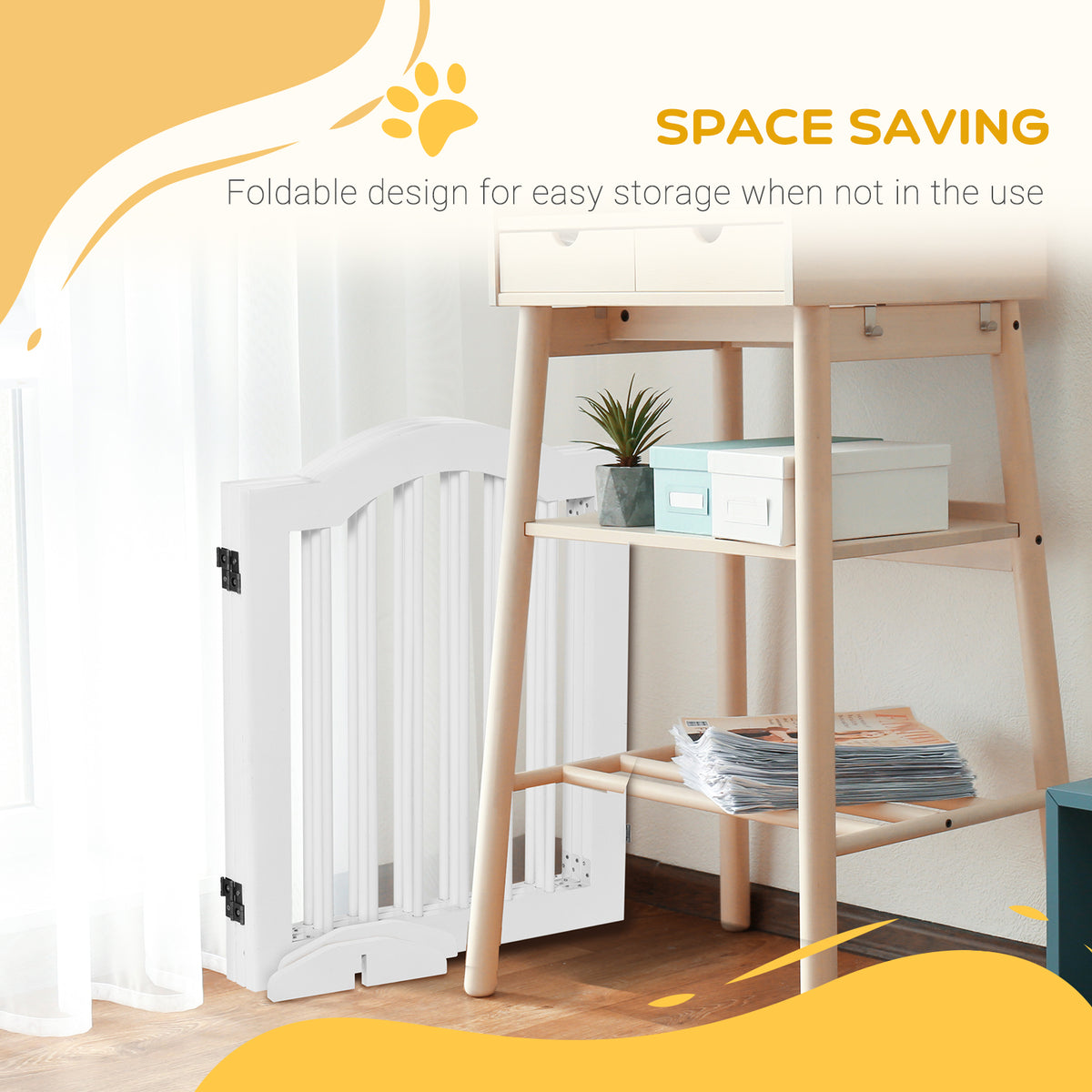 Folded white wooden dog gate stored beside a desk.