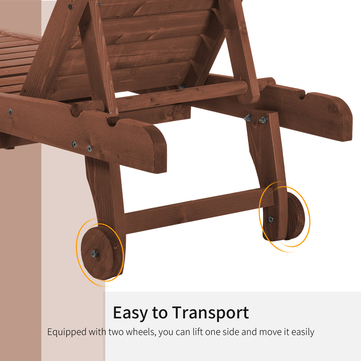 Close-up of wooden chaise lounge wheels for easy transport