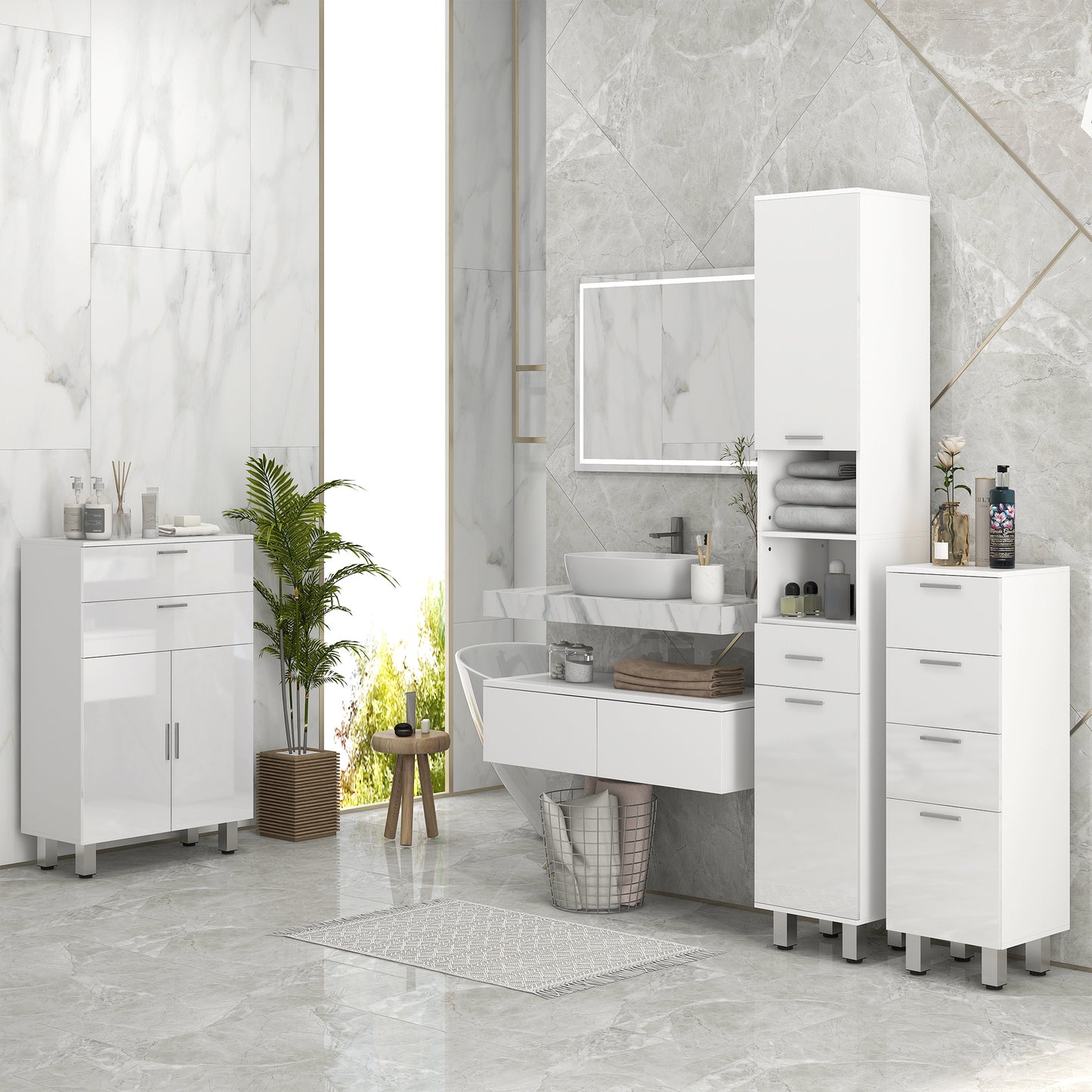 kleankin 71" Tall Slim Bathroom Storage Cabinet, Narrow Cupboard with Drawer, Open Shelves, 2 Doors, White and High Gloss White