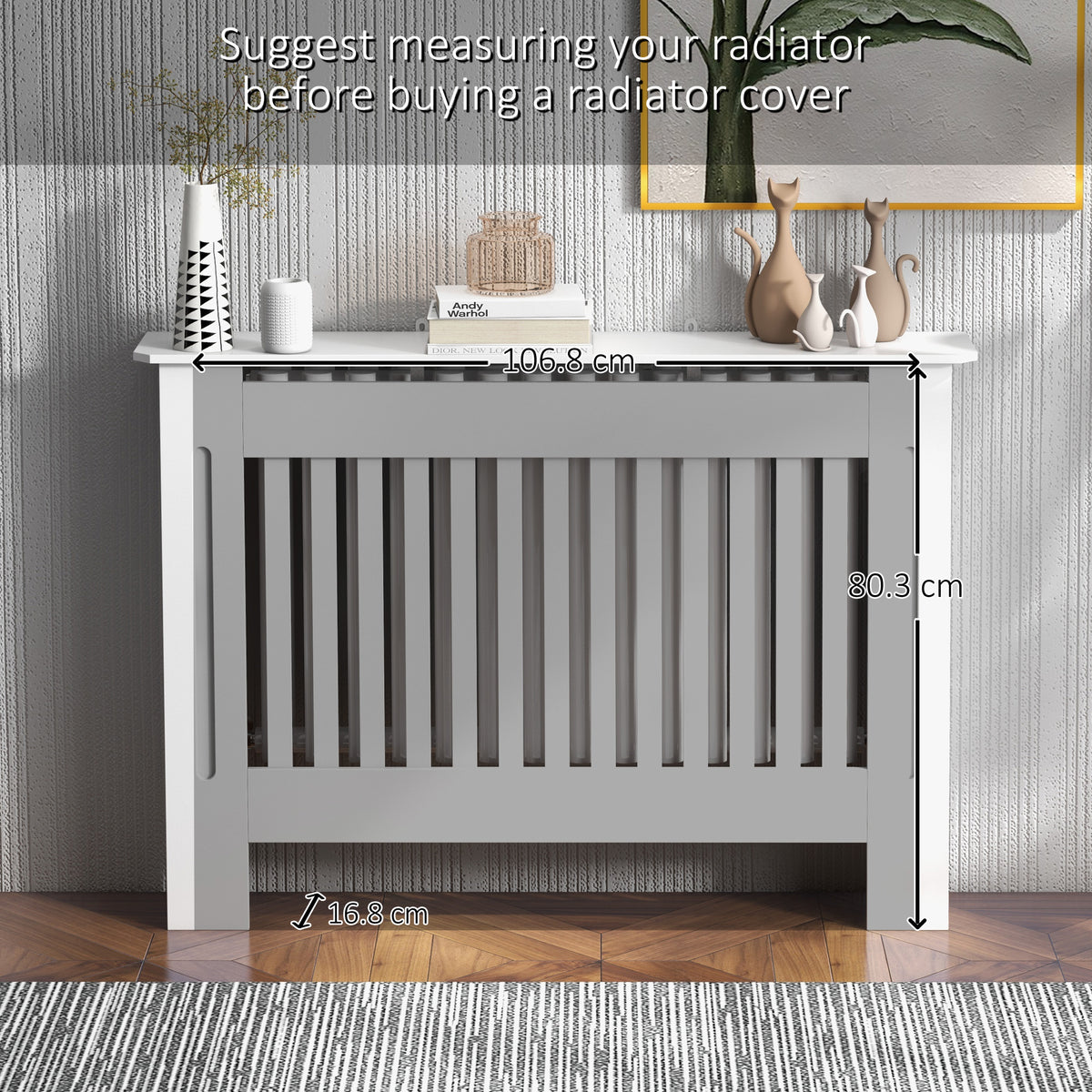 White radiator cover with slatted front and dimensions marked on the cabinet