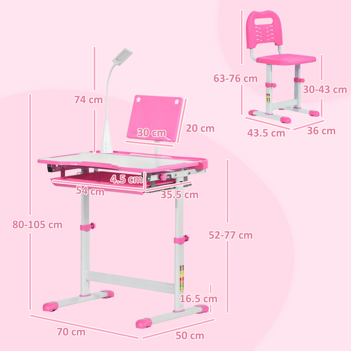 Pink and white adjustable kids' desk and chair set with dimensions shown