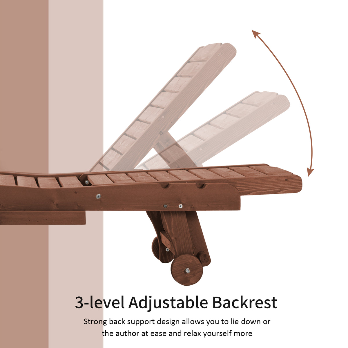 Wooden chaise lounge with backrest shown in multiple adjustable positions
