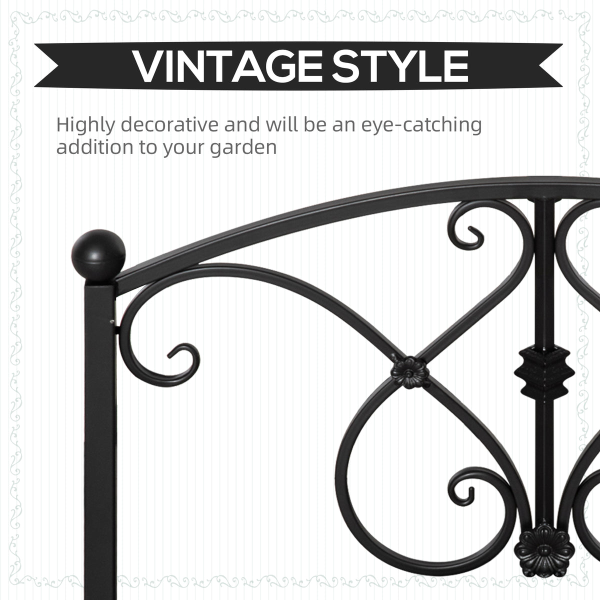 Black metal bridge railing detail with curved scrollwork and ornamental accents