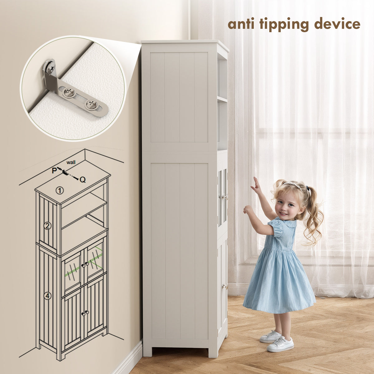 Side view of white kitchen cupboard with anti-tip wall bracket detail.