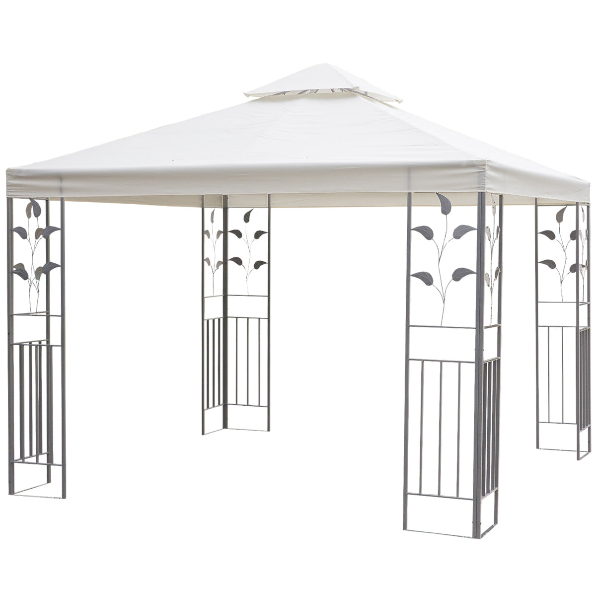 Outsunny cream steel gazebo with a two-tier roof and decorative leaf-patterned frame