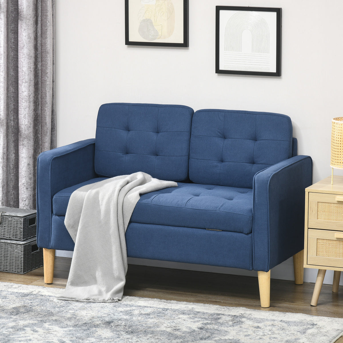 HOMCOM Modern Loveseat Sofa, Compact 2 Seater Sofa with Hidden Storage, 117cm Tufted Cotton Couch with Wood Legs, Blue