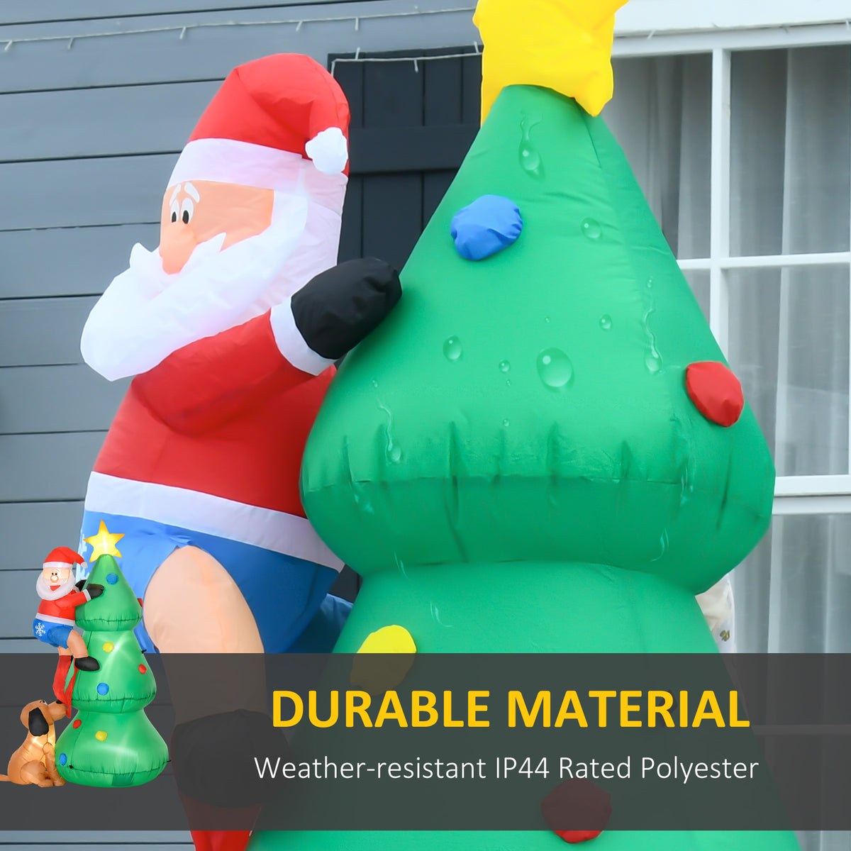Inflatable Christmas tree with Santa and dog, featuring weather-resistant polyester fabric