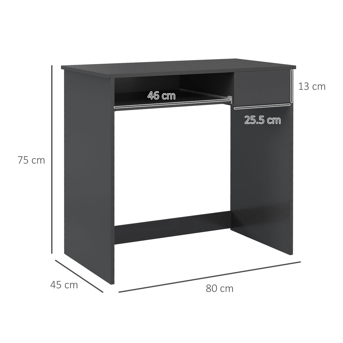 Grey computer desk with dimensions of 80 by 45 by 75 cm and a pull-out tray.