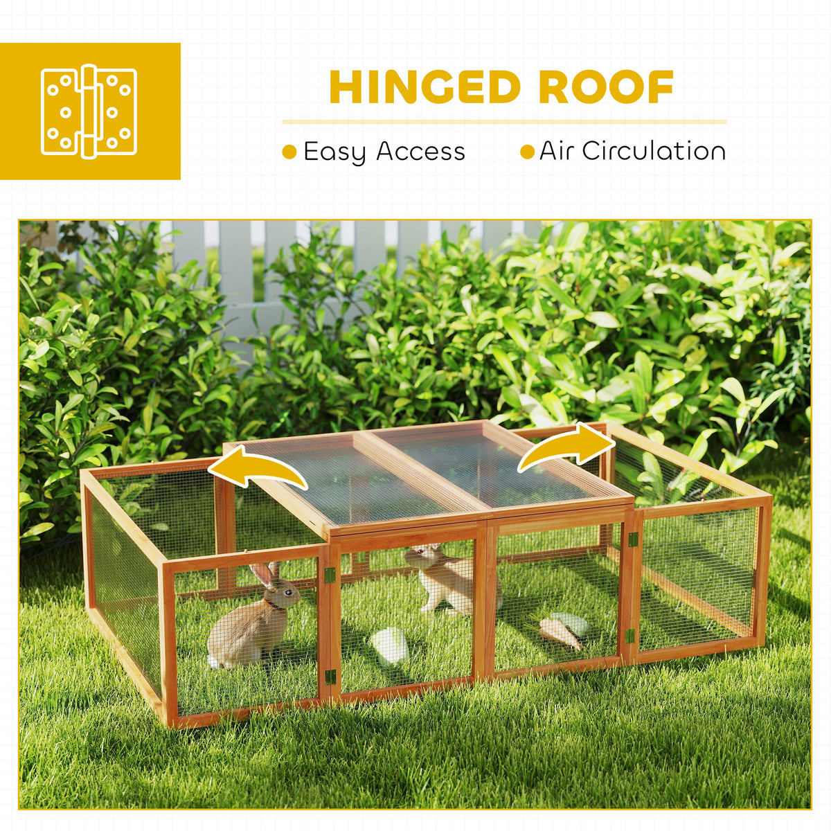 PawHut wooden rabbit hutch with hinged mesh roof panels open for access and ventilation