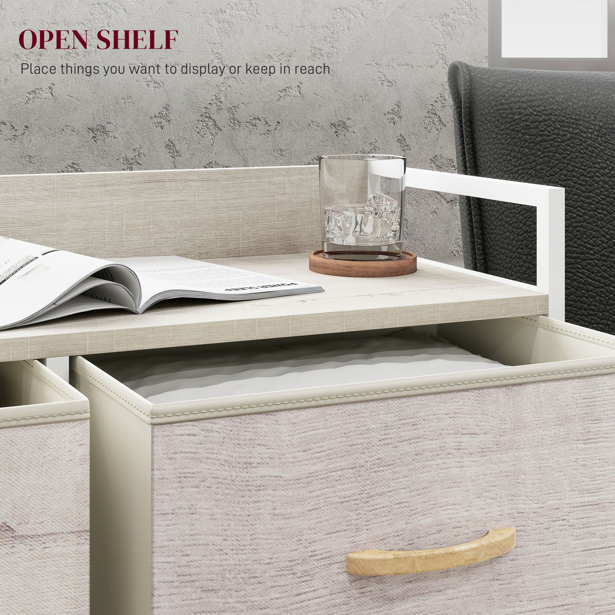HOMCOM chest top shelf and fabric drawer with wood-tone handle