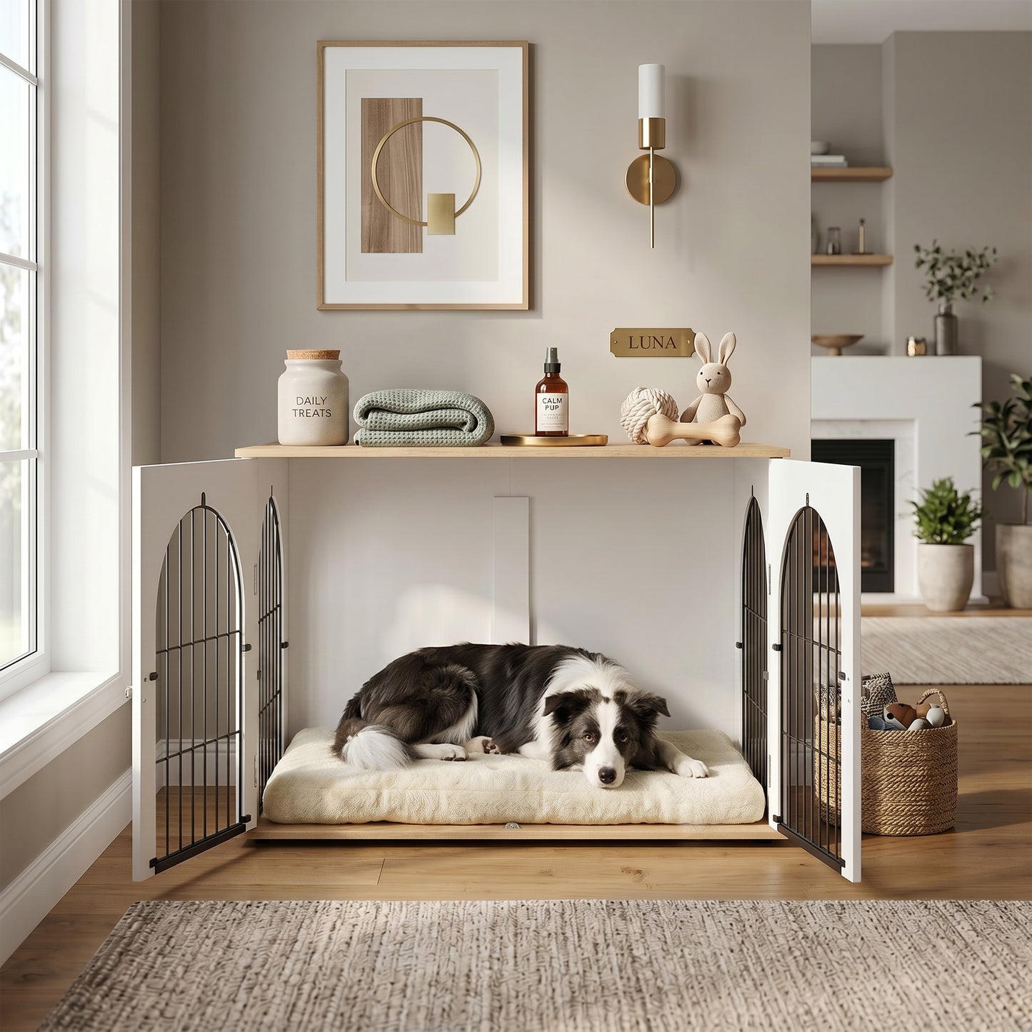 PawHut Dog Crate Furniture, Indoor Dog Cage with Double Doors for Large Breeds, Pet Kennel End Side Table