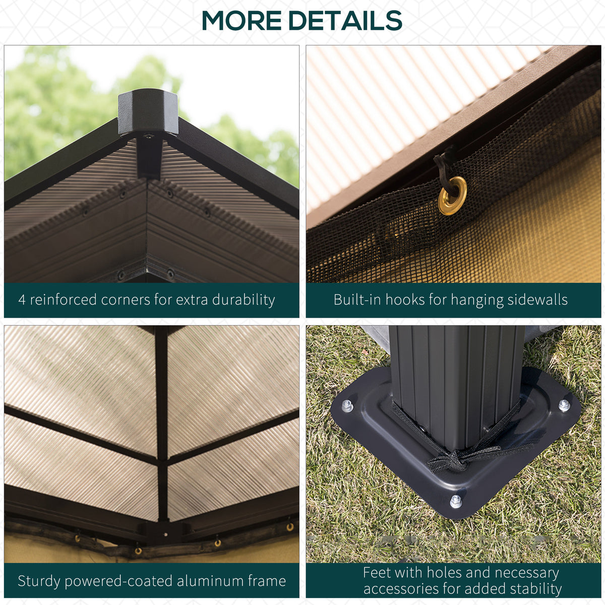 Outsunny gazebo details: reinforced roof corners, curtain hooks, aluminum frame, and bolted feet