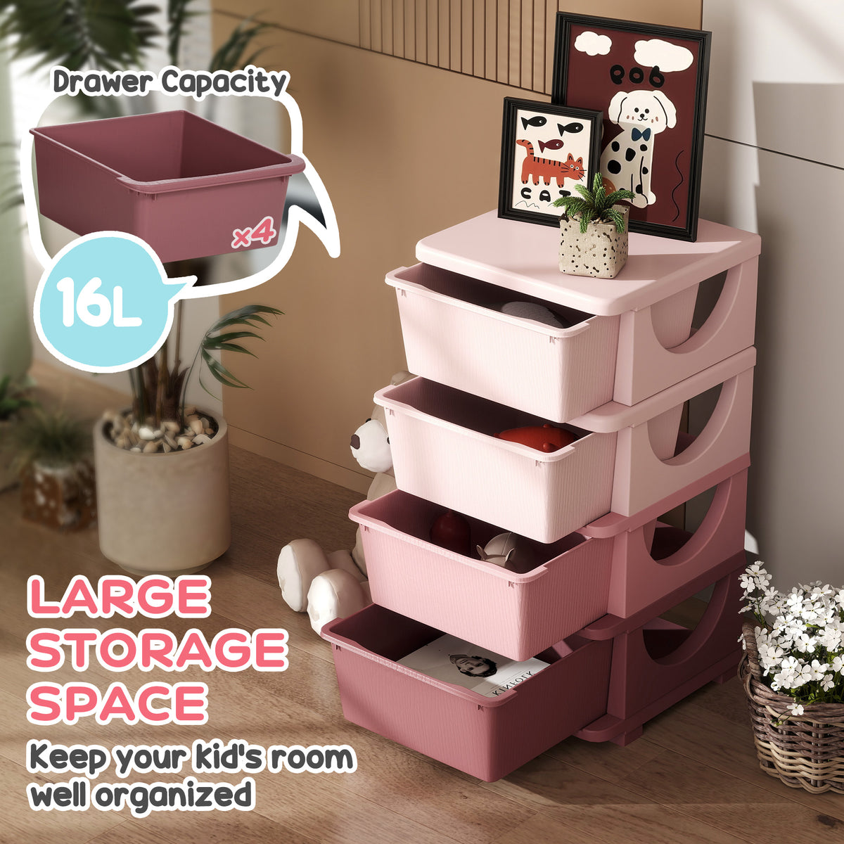 HOMCOM Four-Tier Kids Storage Boxes, with Four Drawers, Pink