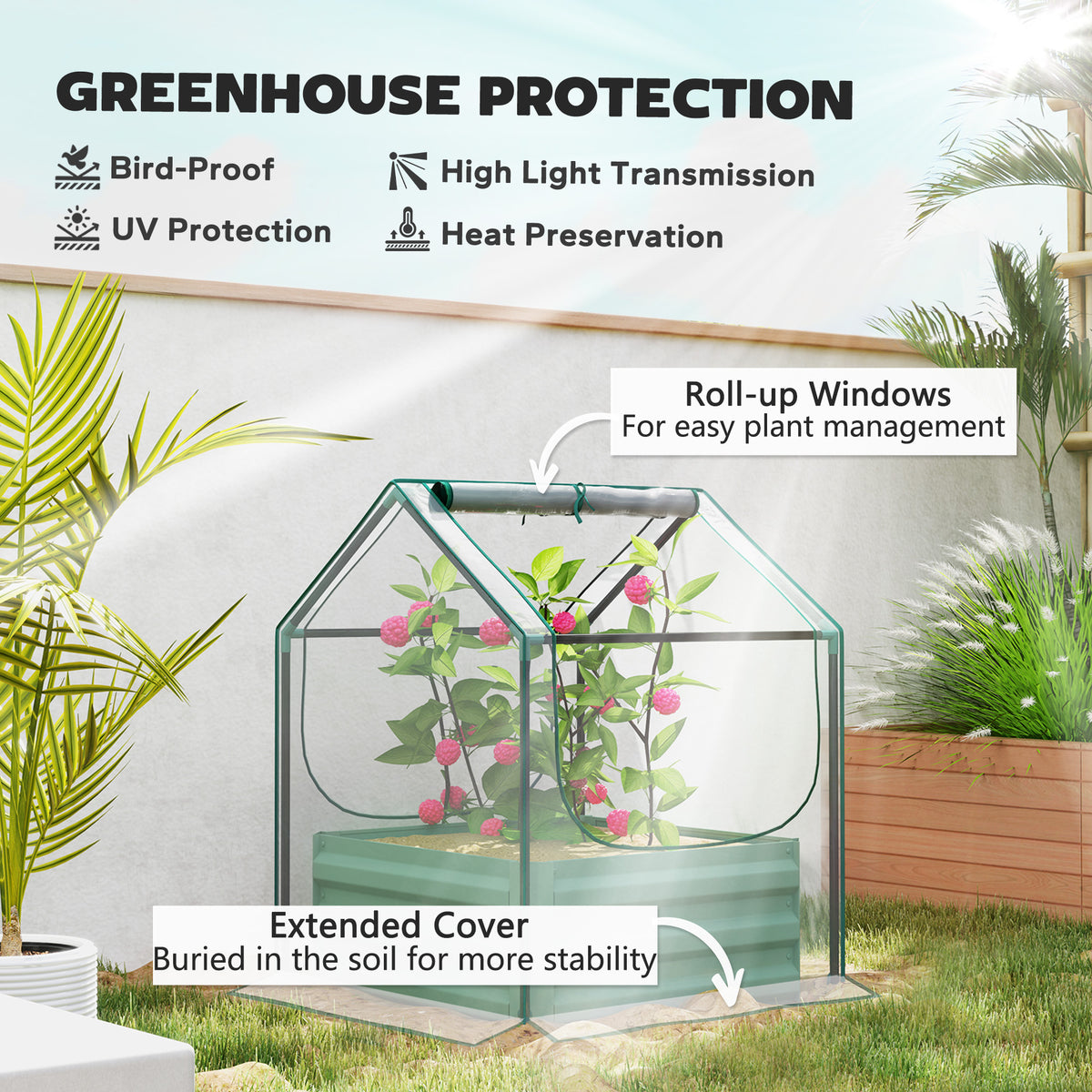Green planter bed with greenhouse cover, roll-up window and extended ground flaps