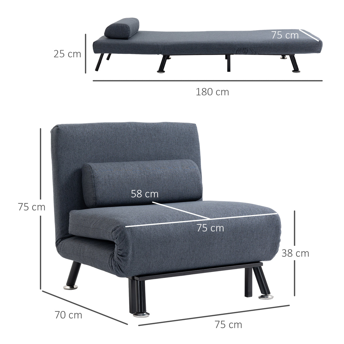 HOMCOM sleeper chair and flat bed with dimensions shown
