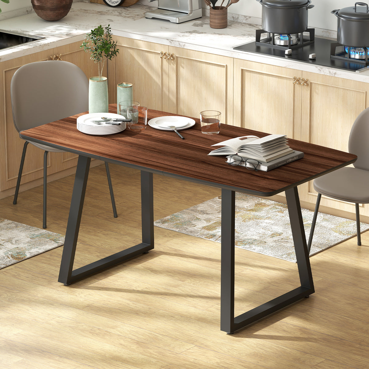 Rectangular dark wood-effect dining table with black steel frame