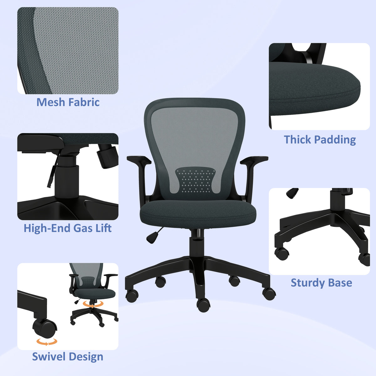 Grey mesh office chair with padded seat, gas lift, swivel wheels and sturdy base.