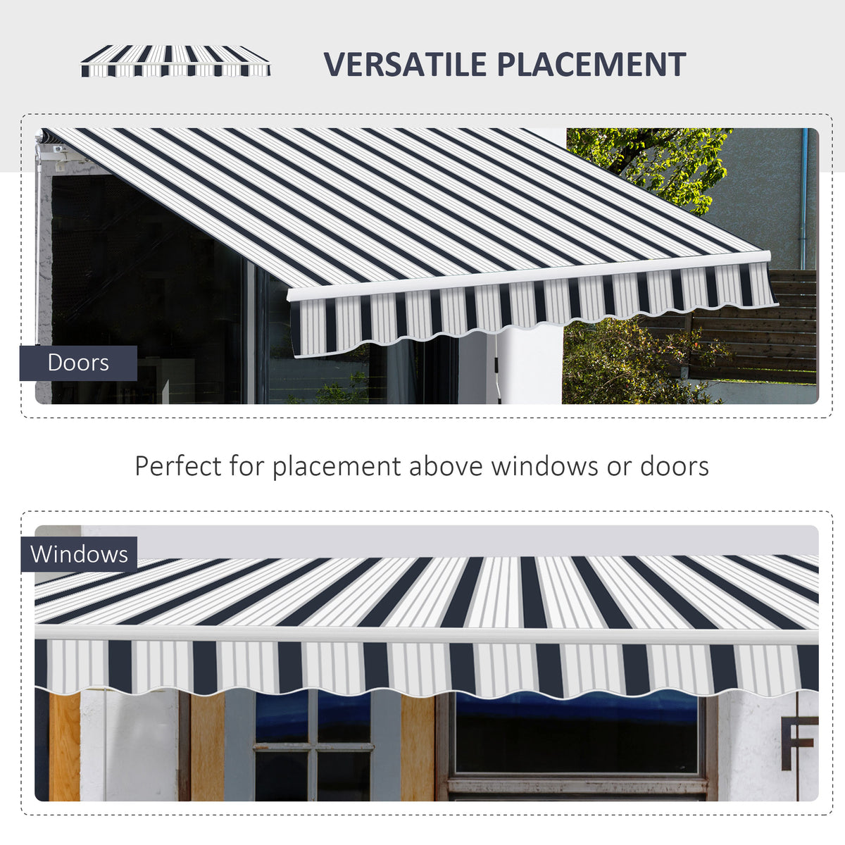 Striped retractable awning shown mounted above a door and a window